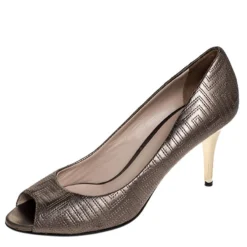 Versace Metallic Grey Embroidered Leather Peep Toe Platform Pumps Size 38 For Women