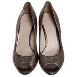 Versace Metallic Grey Embroidered Leather Peep Toe Platform Pumps Size 38 For Women -Versace Official Website luxury women versace used shoes p251826 006