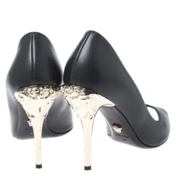 Versace Black Leather Peep Toe Medusa Heel Pumps Size 37 For Women -Versace Official Website luxury women versace used shoes p261185 003