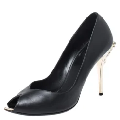 Versace Black Leather Peep Toe Medusa Heel Pumps Size 37 For Women