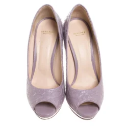 Versace Lilac Embroidered Leather Peep Toe Platform Pumps Size 38.5 For Women -Versace Official Website luxury women versace used shoes p261695 003