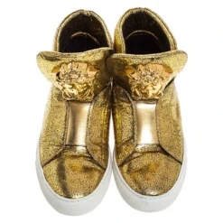 Versace Metallic Gold Crackle Leather Medusa High Top Sneakers Size 40 For Women -Versace Official Website luxury women versace used shoes p265007 003