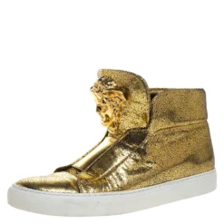 Versace Metallic Gold Crackle Leather Medusa High Top Sneakers Size 40 For Women