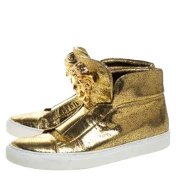 Versace Metallic Gold Crackle Leather Medusa High Top Sneakers Size 40 For Women -Versace Official Website luxury women versace used shoes p265007 007