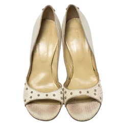 Versace Off-white Python And Leather Open Toe Pumps Size 40 For Women -Versace Official Website luxury women versace used shoes p275696 005