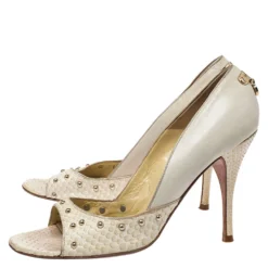 Versace Off-white Python And Leather Open Toe Pumps Size 40 For Women -Versace Official Website luxury women versace used shoes p275696 007