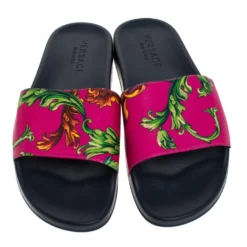 Versace Multicolor Baroque Print Leather Slide Sandals Size 43 For Men -Versace Official Website luxury women versace used shoes p279063 004