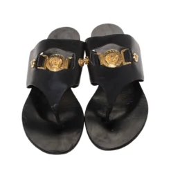 Versace Black Leather Medusa Detail Thong Flats Slides Size 41 For Women -Versace Official Website luxury women versace used shoes p286381 006