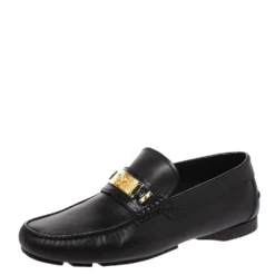Versace Black Leather Medusa Detail Slip On Loafers Size 40 For Men