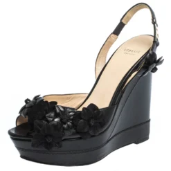 Versace Black Leather And Suede Flower Embellished Wedge Platform Slingback Sandals Size 37 For Women