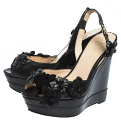 Versace Black Leather And Suede Flower Embellished Wedge Platform Slingback Sandals Size 37 For Women -Versace Official Website luxury women versace used shoes p294928 002