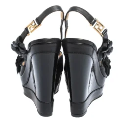 Versace Black Leather And Suede Flower Embellished Wedge Platform Slingback Sandals Size 37 For Women -Versace Official Website luxury women versace used shoes p294928 004