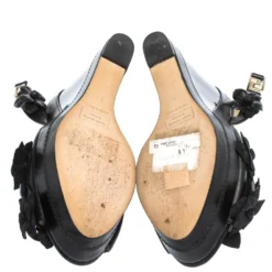 Versace Black Leather And Suede Flower Embellished Wedge Platform Slingback Sandals Size 37 For Women -Versace Official Website luxury women versace used shoes p294928 006