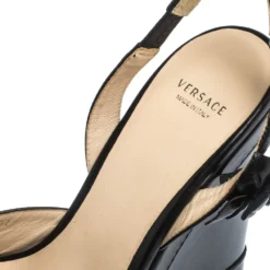 Versace Black Leather And Suede Flower Embellished Wedge Platform Slingback Sandals Size 37 For Women -Versace Official Website luxury women versace used shoes p294928 007