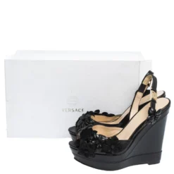 Versace Black Leather And Suede Flower Embellished Wedge Platform Slingback Sandals Size 37 For Women -Versace Official Website luxury women versace used shoes p294928 008