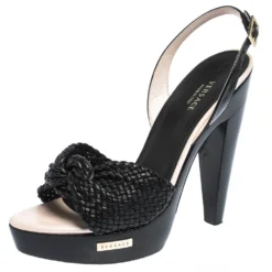Versace Black Woven Knot Leather And Patent Slingback Platform Sandals Size 36 For Women