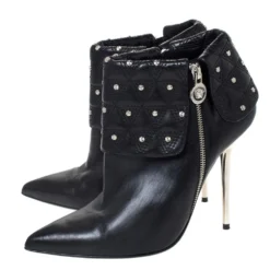 Versace Black Quilted Leather Fold Studded Pointed Toe Ankle Boots Size 41 For Women -Versace Official Website luxury women versace used shoes p301636 007