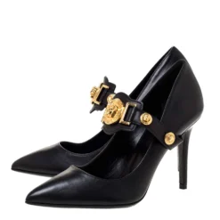 Versace Black Leather Medusa Strap Pointed Toe Pumps Size 36 For Women -Versace Official Website luxury women versace used shoes p310496 002
