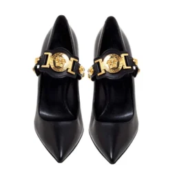 Versace Black Leather Medusa Strap Pointed Toe Pumps Size 36 For Women -Versace Official Website luxury women versace used shoes p310496 003