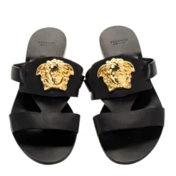 Versace Black Leather Medusa Detail Flats Slides Size 39 For Women -Versace Official Website luxury women versace used shoes p312422 001