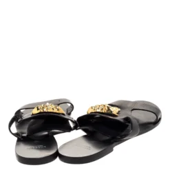 Versace Black Leather Medusa Detail Flats Slides Size 39 For Women -Versace Official Website luxury women versace used shoes p312422 003