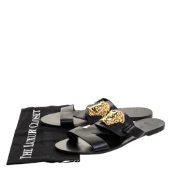 Versace Black Leather Medusa Detail Flats Slides Size 39 For Women -Versace Official Website luxury women versace used shoes p312422 008
