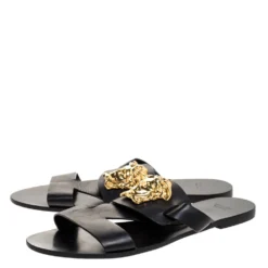 Versace Black Leather Medusa Detail Flats Slides Size 39 For Women -Versace Official Website luxury women versace used shoes p312422 009