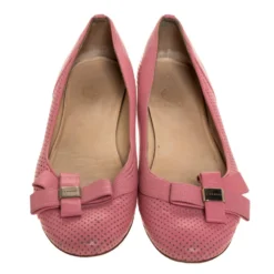 Versace Pink Perforated Leather Bow Embellishment Ballet Flats Size 38 For Women -Versace Official Website luxury women versace used shoes p313835 004
