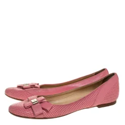 Versace Pink Perforated Leather Bow Embellishment Ballet Flats Size 38 For Women -Versace Official Website luxury women versace used shoes p313835 007
