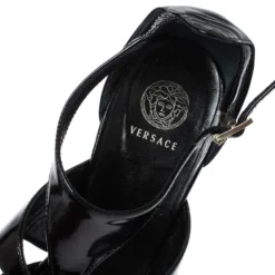 Versace Black Patent Leather Caged Ankle Strap Sandals Size 38 For Women -Versace Official Website luxury women versace used shoes p315054 004
