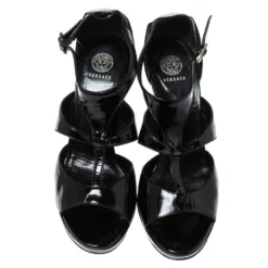 Versace Black Patent Leather Caged Ankle Strap Sandals Size 38 For Women -Versace Official Website luxury women versace used shoes p315054 005