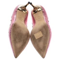 Versace Metallic Pink Leather Greek Key Stitch Detail Pointed Toe Pumps Size 38 For Women -Versace Official Website luxury women versace used shoes p315097 005