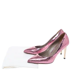 Versace Metallic Pink Leather Greek Key Stitch Detail Pointed Toe Pumps Size 38 For Women -Versace Official Website luxury women versace used shoes p315097 007