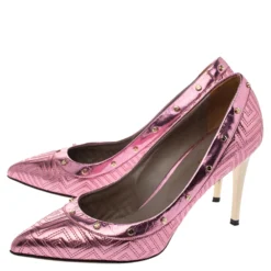 Versace Metallic Pink Leather Greek Key Stitch Detail Pointed Toe Pumps Size 38 For Women -Versace Official Website luxury women versace used shoes p315097 008