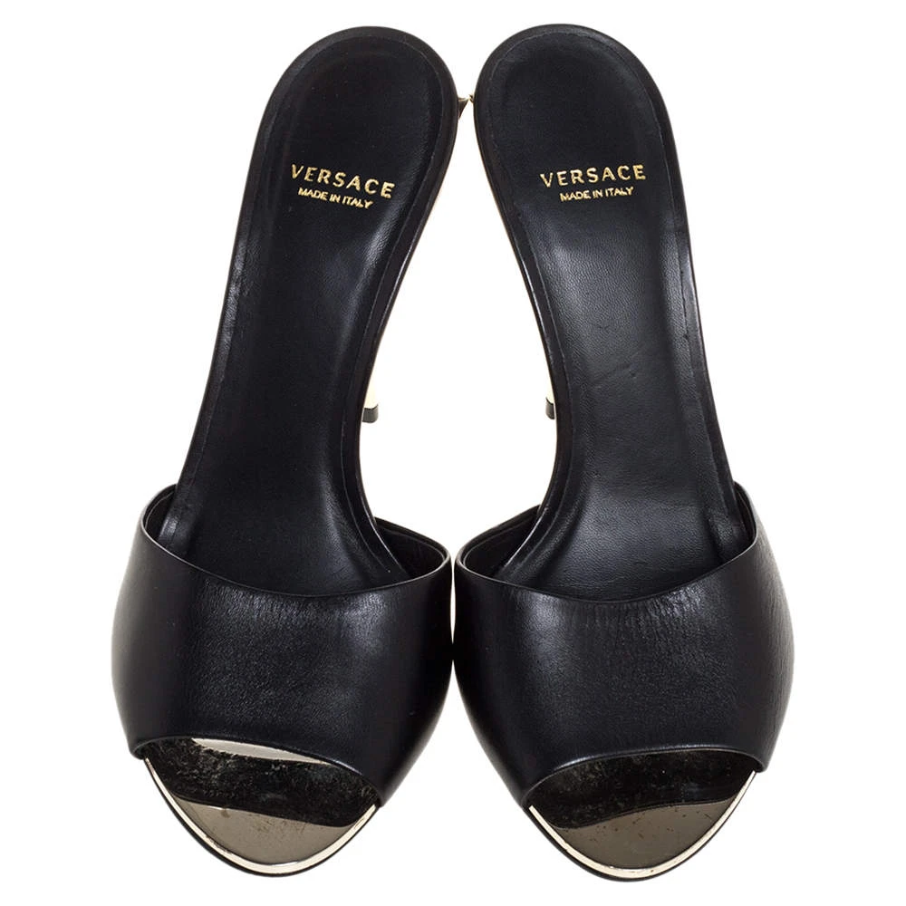 Versace Black Leather Medusa Heel Slide Sandals Size 37 For Women 3 Versace Black Leather Medusa Heel Slide Sandals Size 37 For Women - Image 3