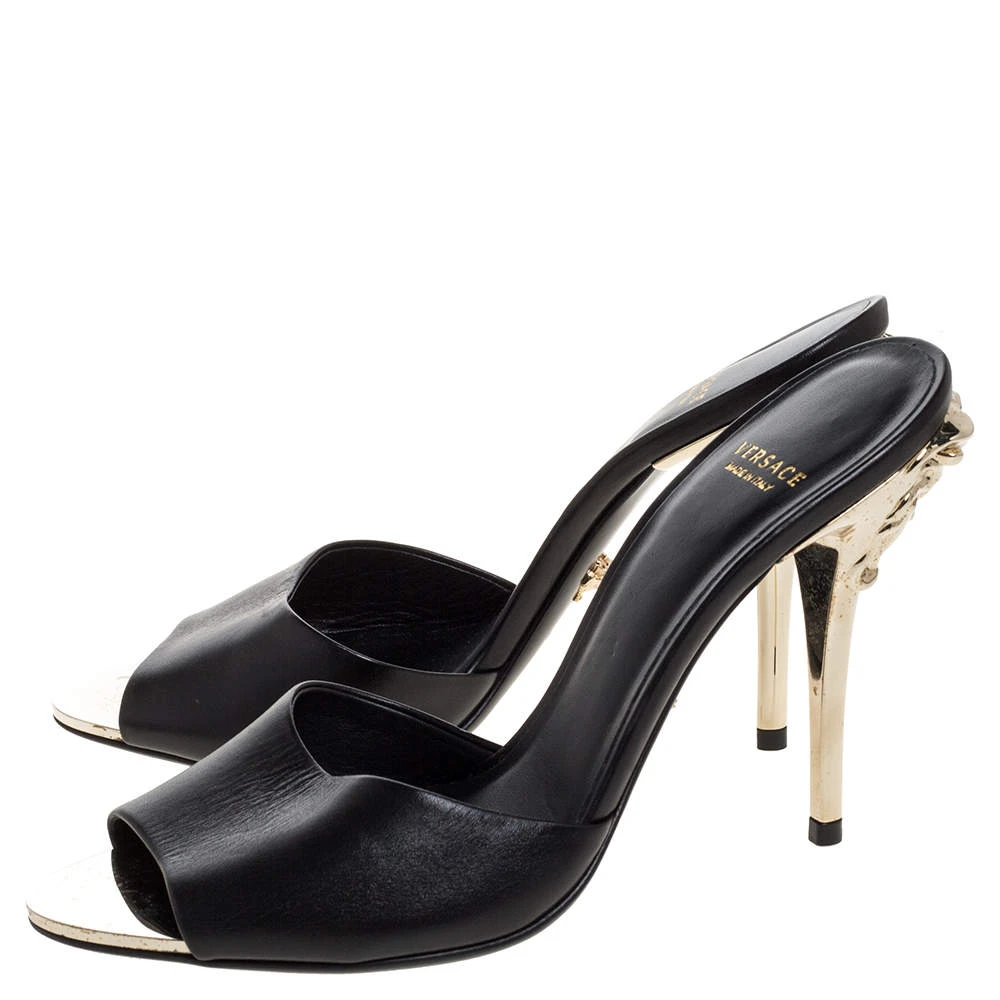 Versace Black Leather Medusa Heel Slide Sandals Size 37 For Women 4 Versace Black Leather Medusa Heel Slide Sandals Size 37 For Women - Image 4