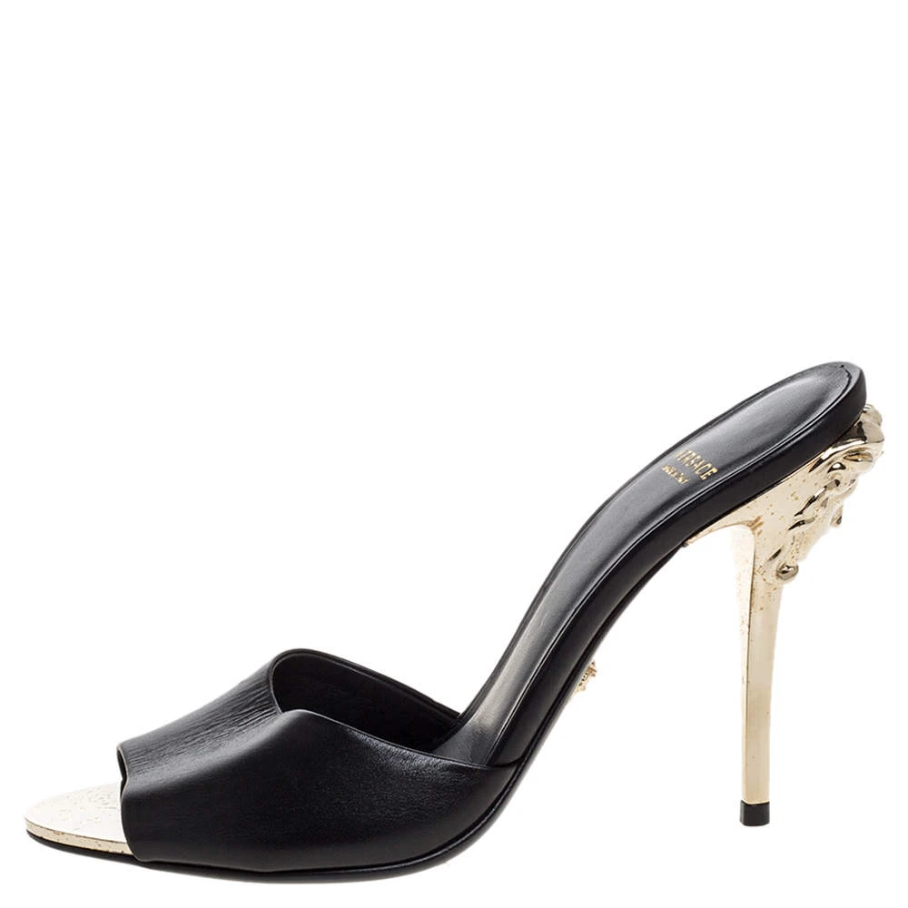 Versace Black Leather Medusa Heel Slide Sandals Size 37 For Women 2 Versace Black Leather Medusa Heel Slide Sandals Size 37 For Women - Image 2