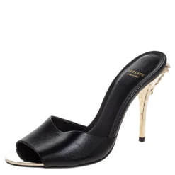 Versace Black Leather Medusa Heel Slide Sandals Size 37 For Women