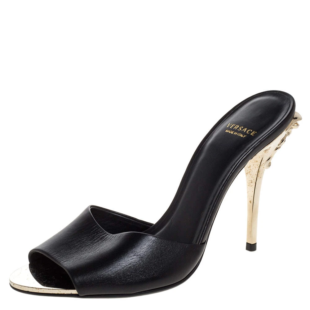Versace Black Leather Medusa Heel Slide Sandals Size 37 For Women 1 Versace Black Leather Medusa Heel Slide Sandals Size 37 For Women