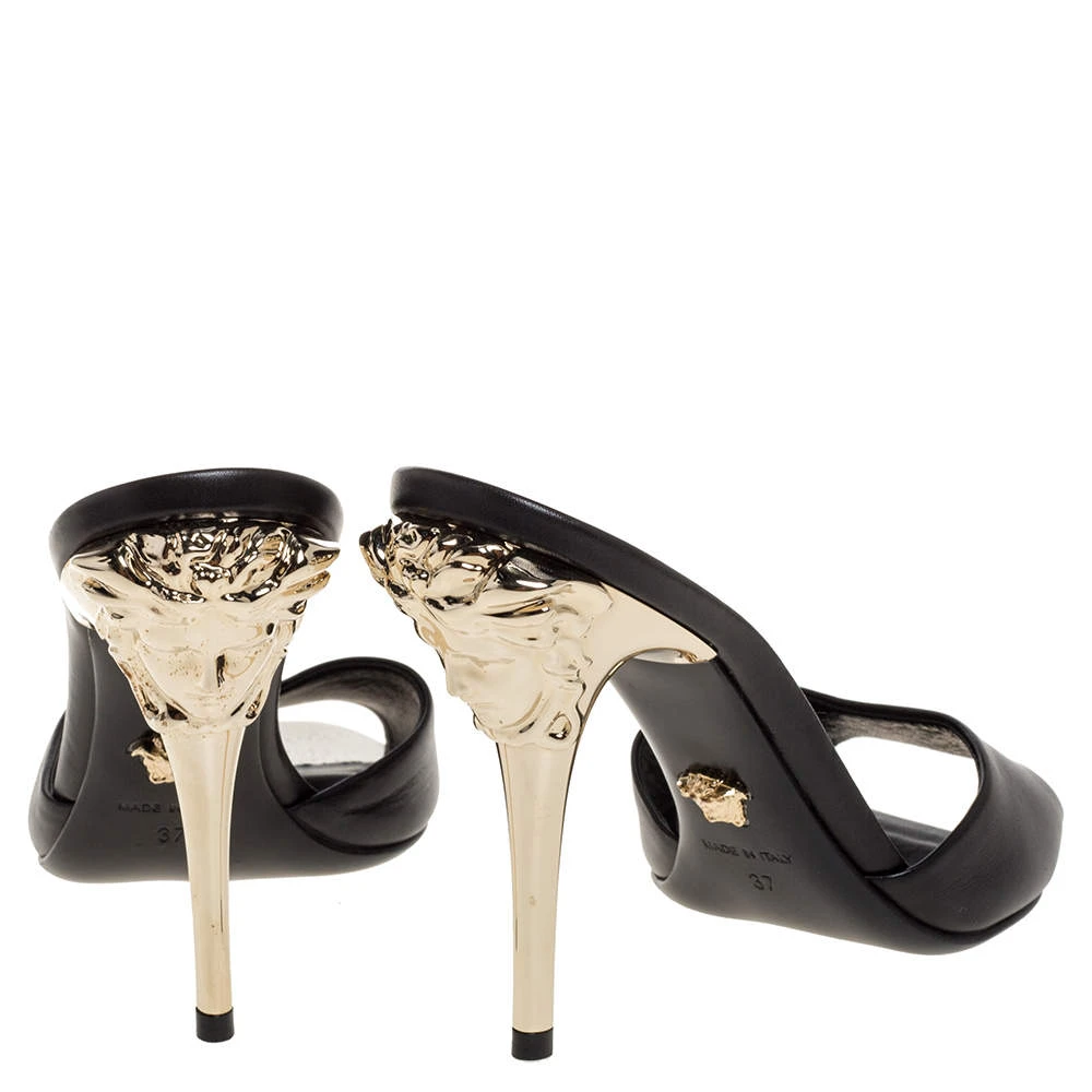 Versace Black Leather Medusa Heel Slide Sandals Size 37 For Women 5 Versace Black Leather Medusa Heel Slide Sandals Size 37 For Women - Image 5