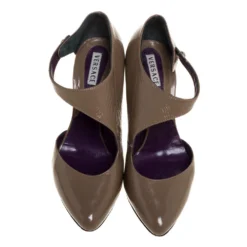 Versace Brown Patent Leather Half D'Orsay Ankle Strap Pumps Size 34.5 For Women -Versace Official Website luxury women versace used shoes p322732 003