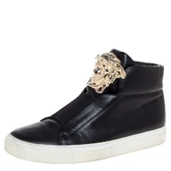 Versace Black Leather Palazzo Medusa High Top Sneakers Size 37 For Women