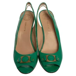 Versace Green Patent Leather Medusa Logo Open Toe Wedge Slingback Sandals Size 40 For Women -Versace Official Website luxury women versace used shoes p323249 001