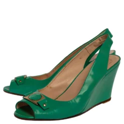 Versace Green Patent Leather Medusa Logo Open Toe Wedge Slingback Sandals Size 40 For Women -Versace Official Website luxury women versace used shoes p323249 002