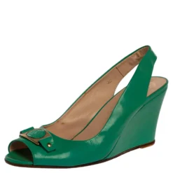 Versace Green Patent Leather Medusa Logo Open Toe Wedge Slingback Sandals Size 40 For Women