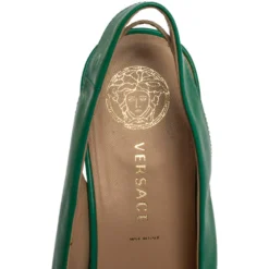 Versace Green Patent Leather Medusa Logo Open Toe Wedge Slingback Sandals Size 40 For Women -Versace Official Website luxury women versace used shoes p323249 006