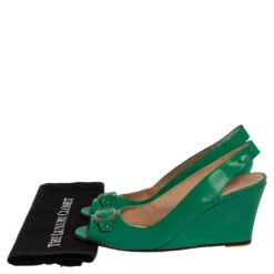 Versace Green Patent Leather Medusa Logo Open Toe Wedge Slingback Sandals Size 40 For Women -Versace Official Website luxury women versace used shoes p323249 009