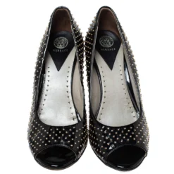 Versace Black Patent Studded Peep Toe Pumps Size 37 For Women -Versace Official Website luxury women versace used shoes p333520 003