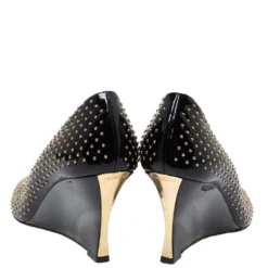 Versace Black Patent Studded Peep Toe Pumps Size 37 For Women -Versace Official Website luxury women versace used shoes p333520 004