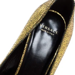 Versace Metallic Gold Textured Leather Medusa Pointed Toe Pumps Size 36 For Women -Versace Official Website luxury women versace used shoes p334171 001